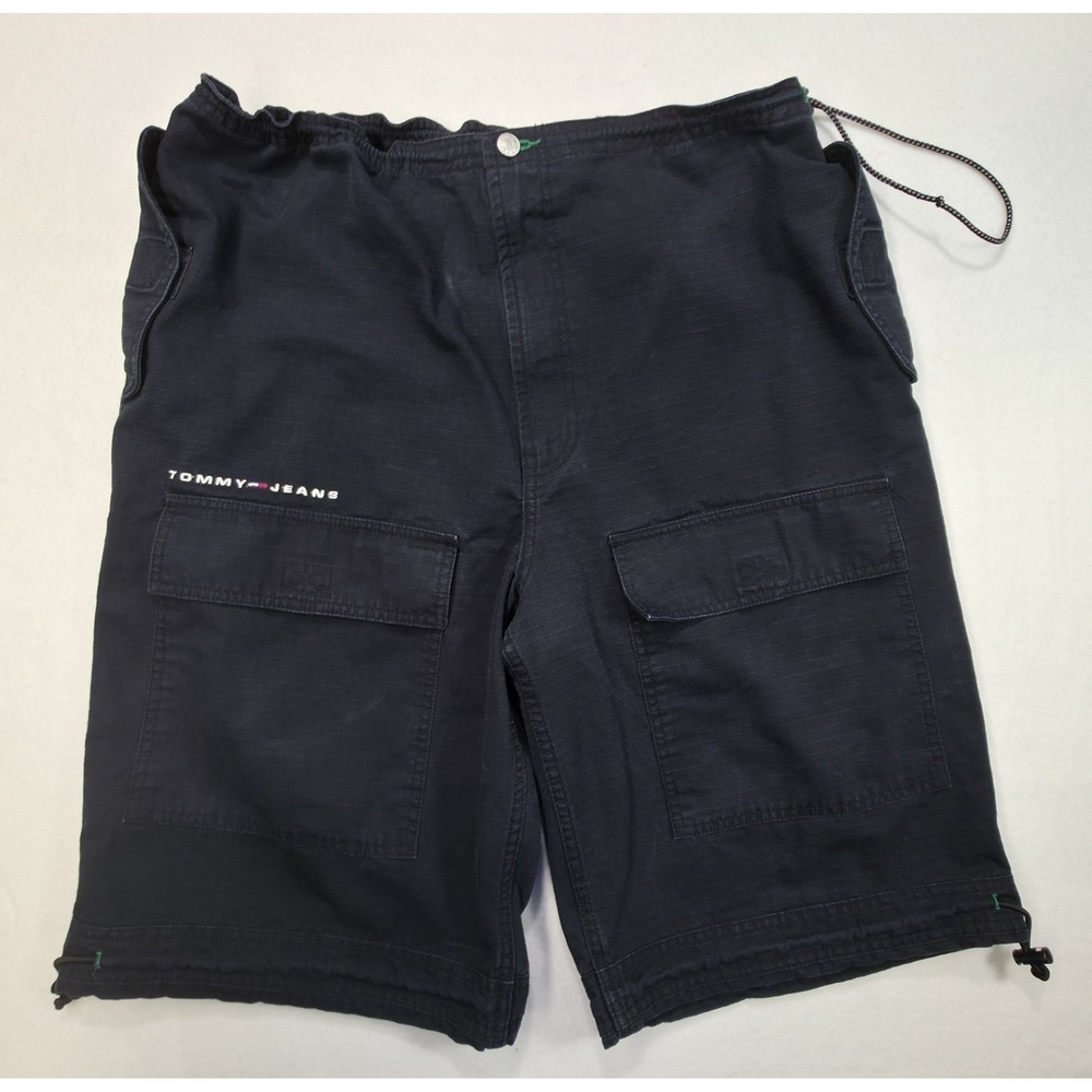 90s Tommy Hilfiger‎ Cargo Shorts Men XL Black Jeans Wide Ripstop Cinch Cords